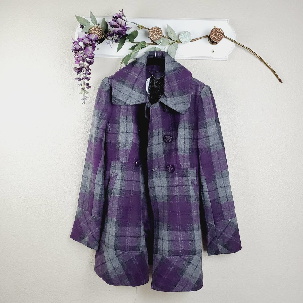 Guess Wool Blend Purple Double Breasted Pea Academia Preppy Coat